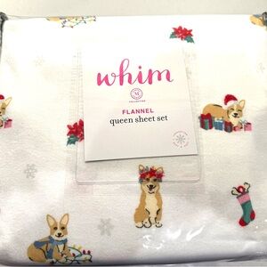 Martha Stewart Flannel Queen Sheet Set - White with Corgi and Holiday Design